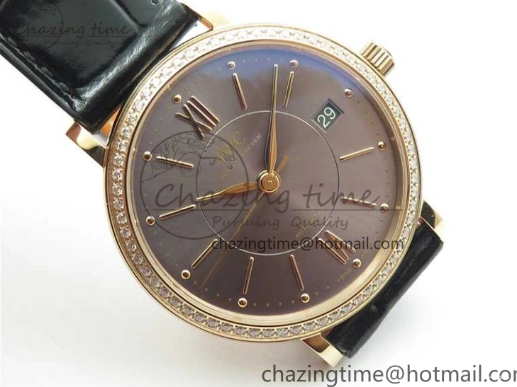 MIROTIME 1218 Durable Portofino 37mm RG V7F 1:1 Best Edition Gray Dial Diamonds Bezel on Black Leather Strap A 7089